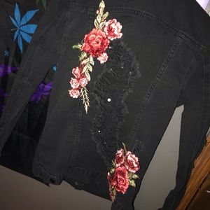 Black denim jacket, with roses on front and back